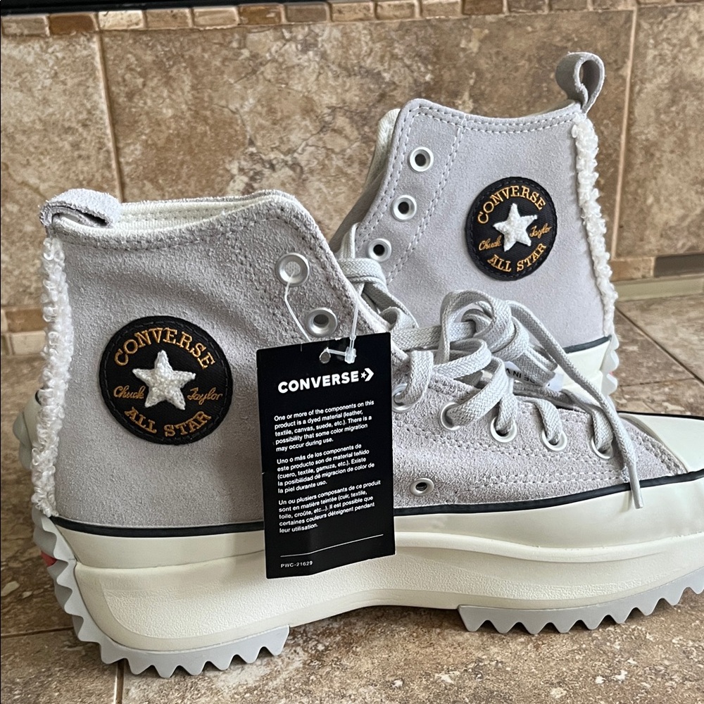 Converse Run Star Hike Hi Suede Light Gray with Cream Shearling accents. Unisex
